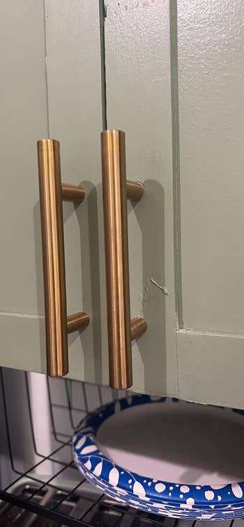 Two vertical, brass cabinet handles on reviewer's green cupboard door