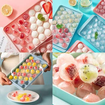 various photos of frozen fruit cubes being made in the trays