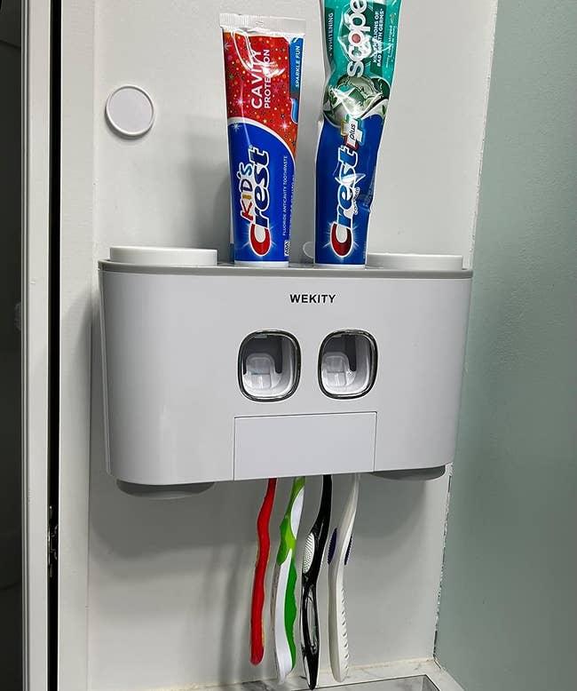 The wall-mounted toothpaste dispenser with four toothbrushes stored and two tubes on toothpaste inserted