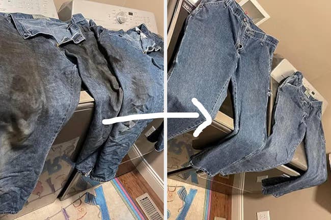 Two pairs of jeans connected  apical  of a washing machine, shown earlier  and aft  cleaning. The arrow indicates the translation  from soiled  to clean