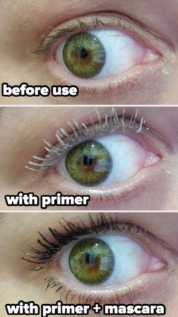 reviewer's progression photos from top to bottom: bare lashes, with primer, with primer and mascara, lashes looking longer and fuller