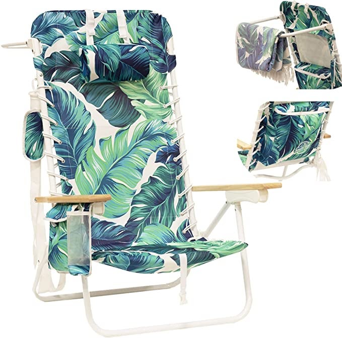 the tropical printed beach chair with a close up of the insulated back pouch and towel rack