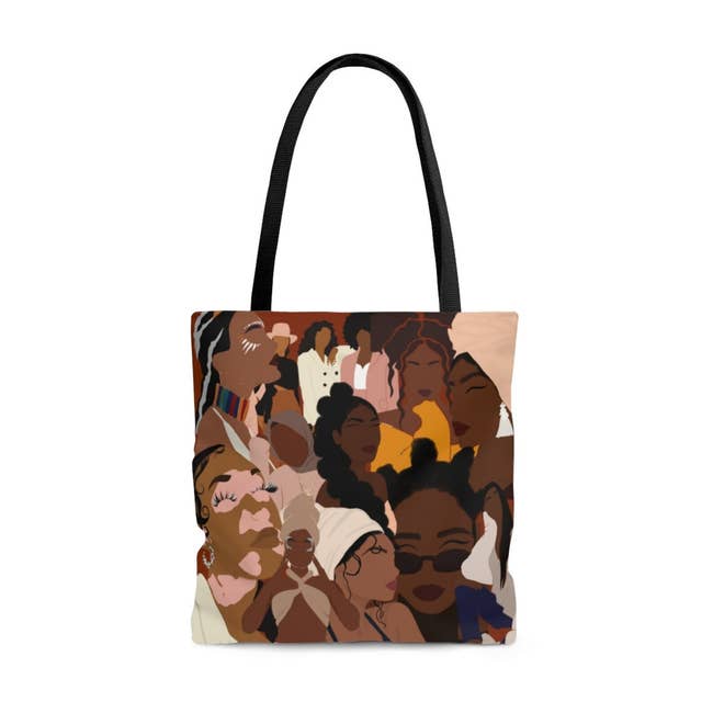 Tote container  with an creator  plan  of diverse, stylized women, wearing assorted  hairstyles and accessories, suitable for fashion-forward shoppers