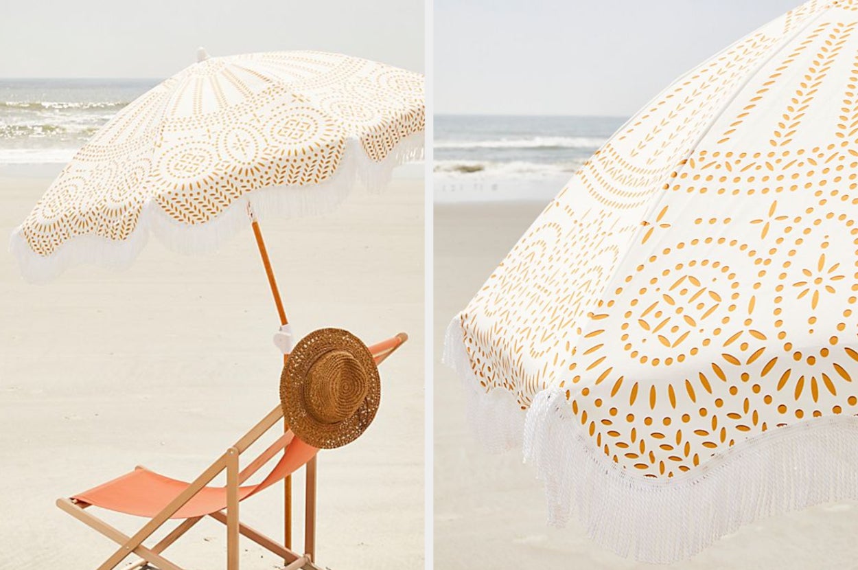 Two images of the ivory umbrella at a beach