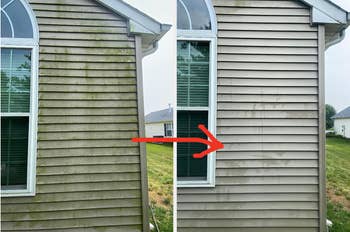 a reviewer's Side-by-side comparison of house siding before and after cleaning with visible dirt removal
