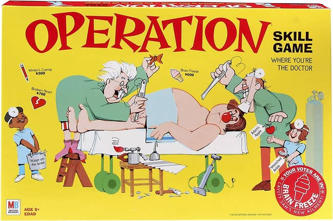 retro product packaging of doctors performing surgery on patient 