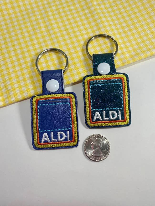 keychain with Aldi name on it with pocket for quarter