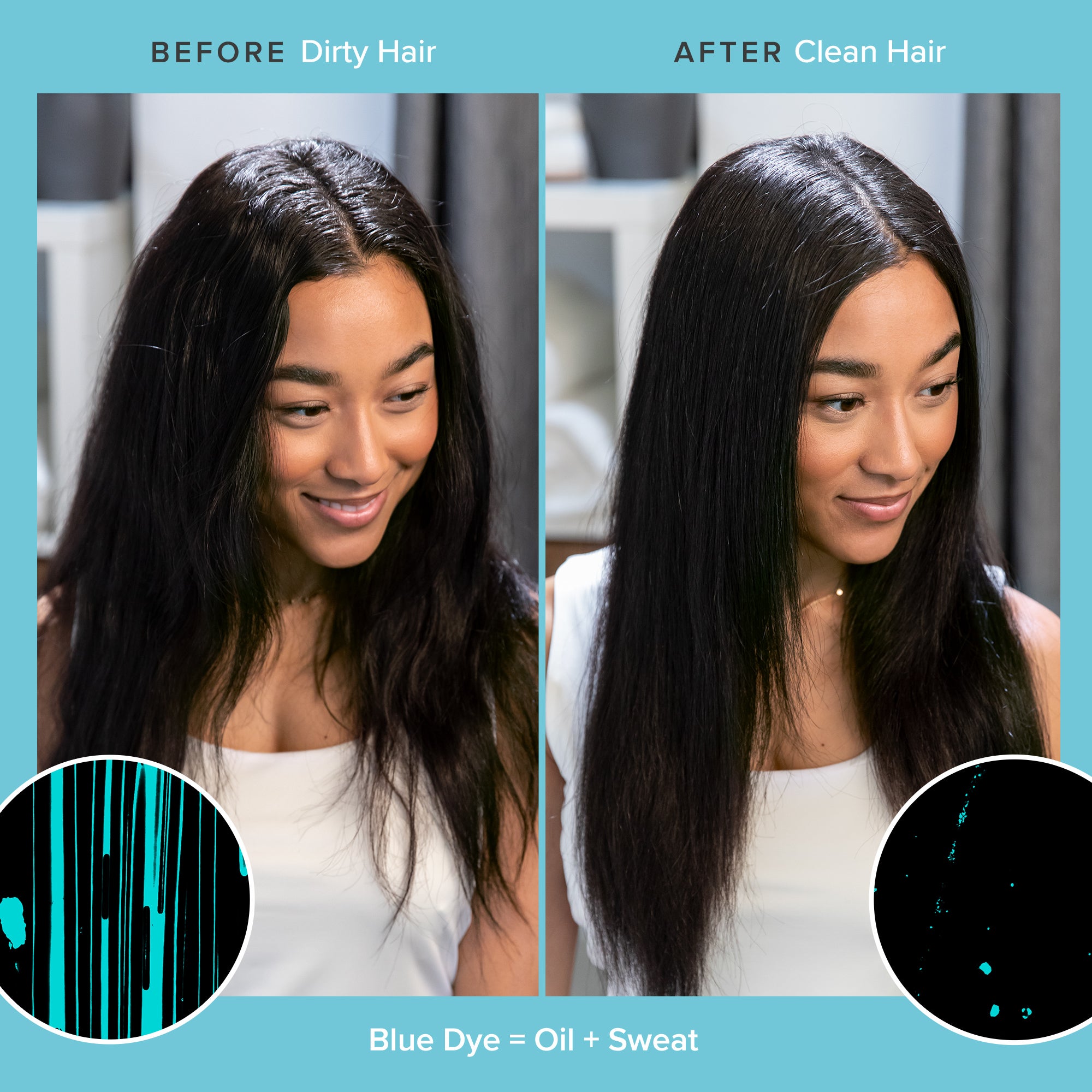 Before and after showing a model's frizzy, oily hair looks sleek and shiny after using the dry shampoo