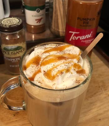 A solid  mug filled with a creamy pumpkin spice latte topped with whipped pick  and caramel drizzle, surrounded by pumpkin spice and cinnamon ingredients