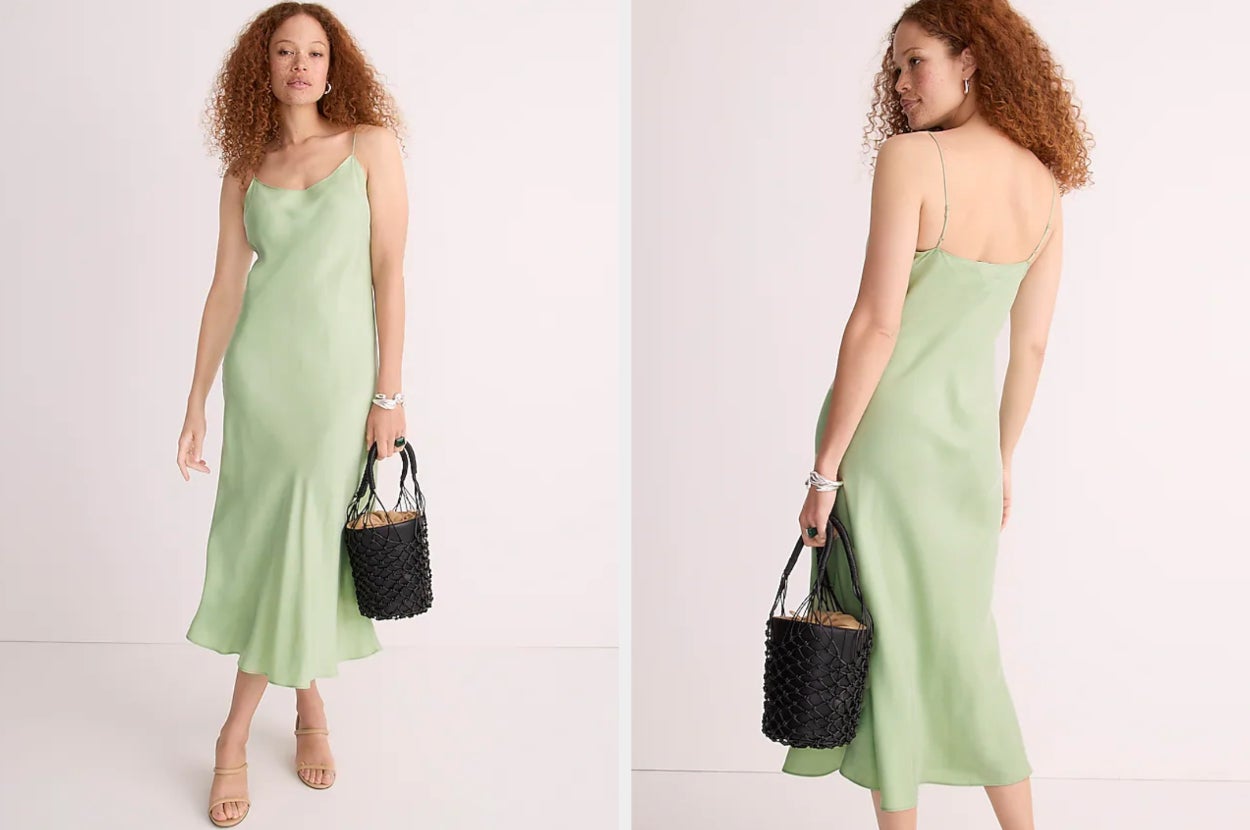 Model wearing maxi light green silk dress with spaghetti straps and nude heels, model showing back view of straight cut dress with black bucket wicker purse
