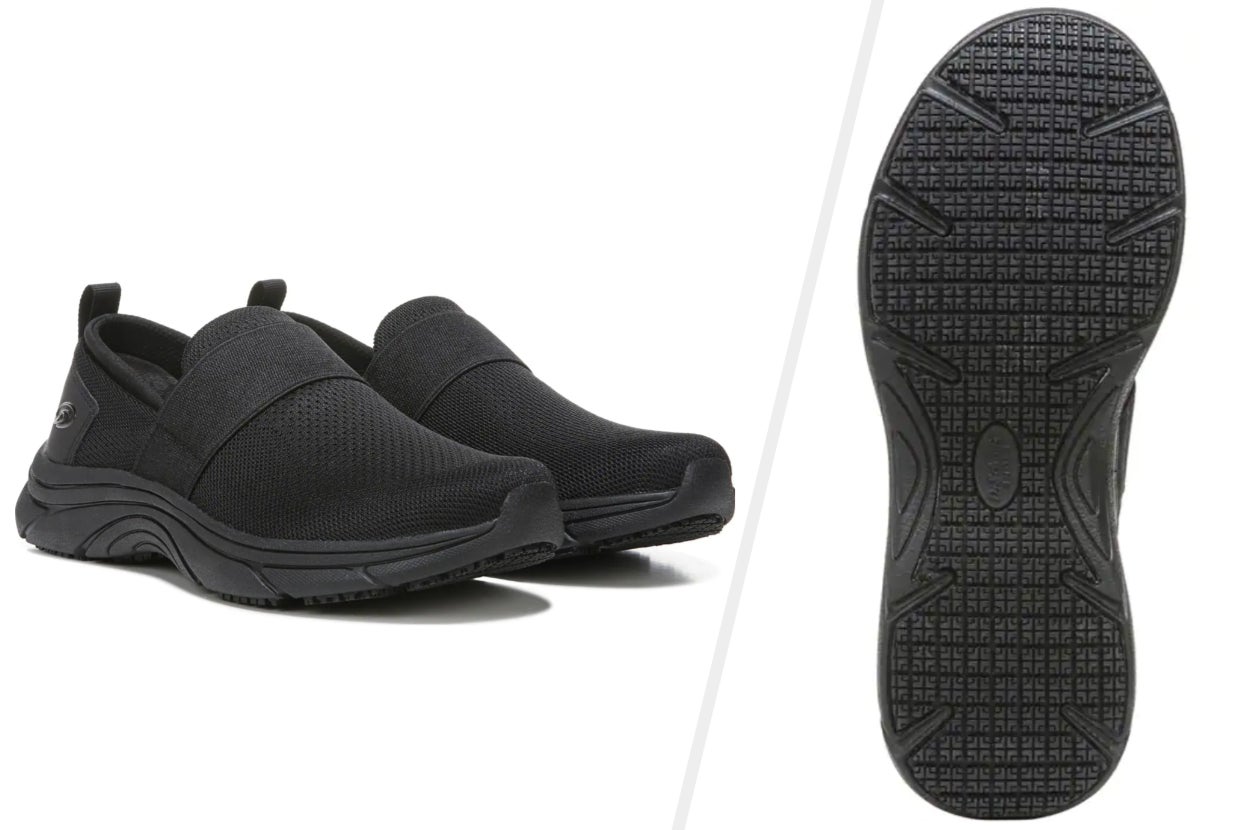 Two images of black slip-on sneakers
