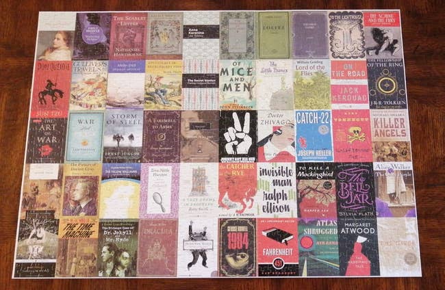 reviewer's completed puzzle that depicts 50 classic book covers