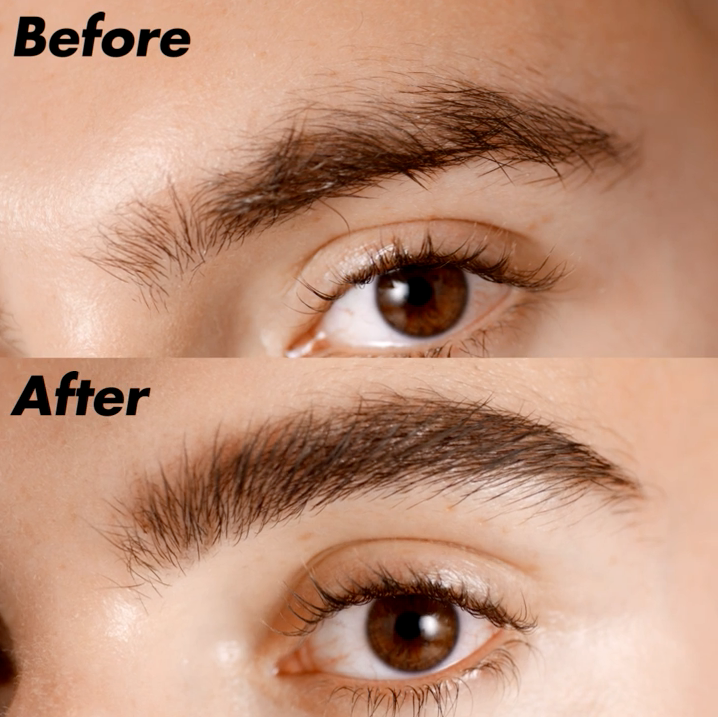 before and after of brows from using the Wow Brow - the before photo looks unkempt and patchy, the after photo looks styled and filled in