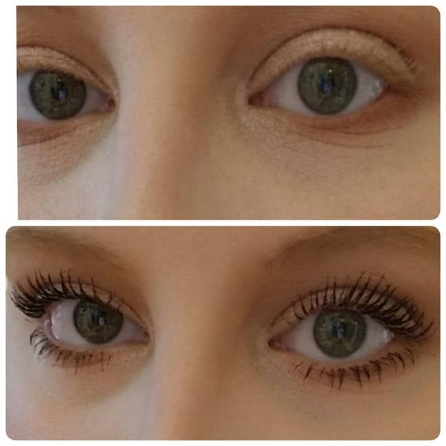 Before and after comparison of eyes, top with no mascara, bottom with mascara applied