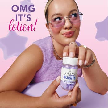 Person holding Jergens lotion, caption reads