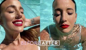 before and after of a model putting the setting spray to the test by going in a pool and demonstrating that the makeup  is still in place