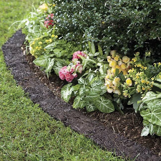 Garden bed with neatly arranged flowering plants, including pink, yellow, and variegated green plants, bordered by fresh mulch and a green lawn