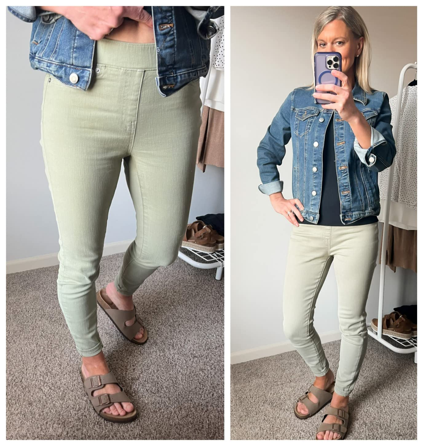 Person models airy  pants paired with a denim overgarment   and sandals successful  a casual setting, showcasing an outfit ensemble