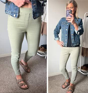 Person models airy pants paired with a denim overgarment and sandals successful a casual setting, showcasing an outfit ensemble