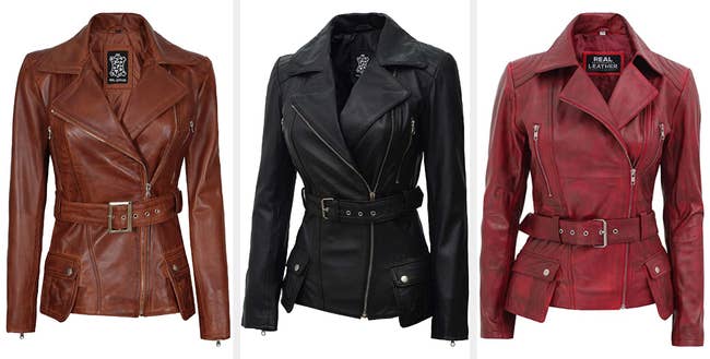 Three images of brown, black, and red jackets