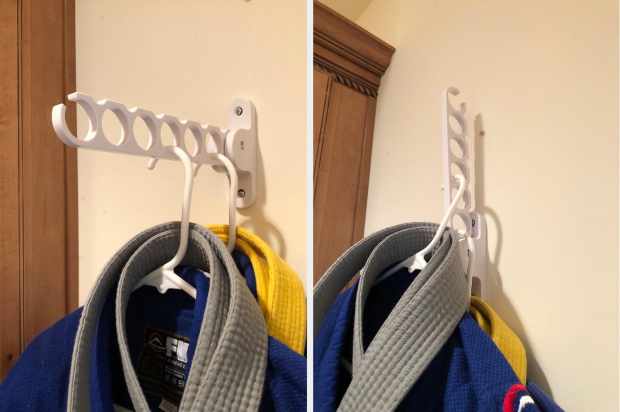 reviewer collage of the closet hook with children's gis hanging, with the hook folded into the wall