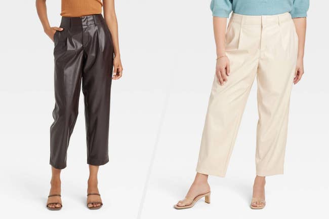 split image of a model in brown faux leather pants then a model wearing the same pants in white