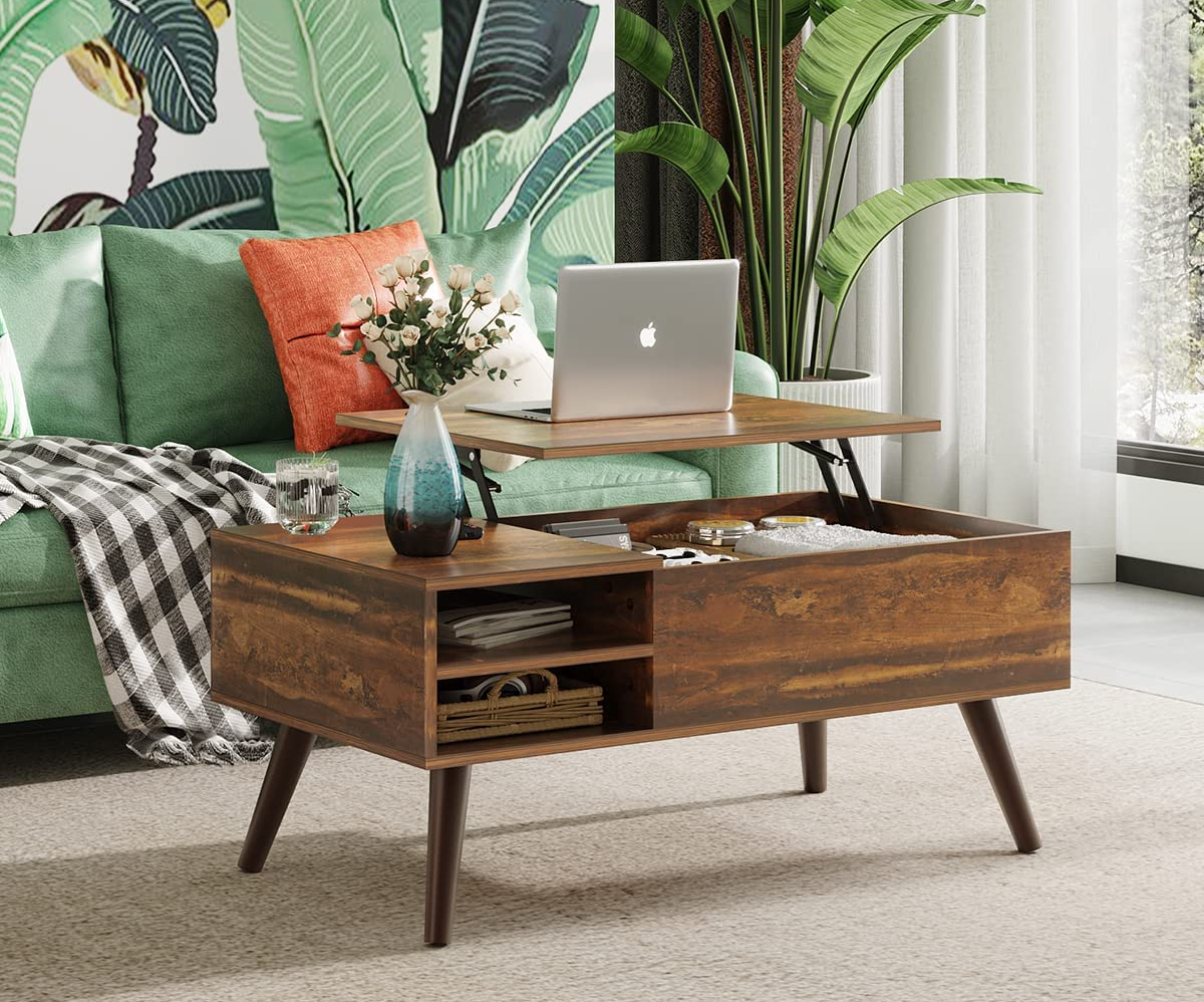 the brown wooden coffee table, which has open shelving on one side