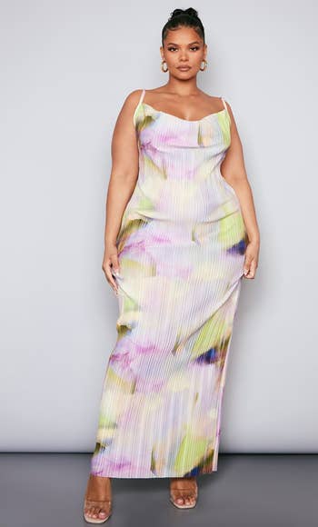 model wearing pastel plisse maxi dress