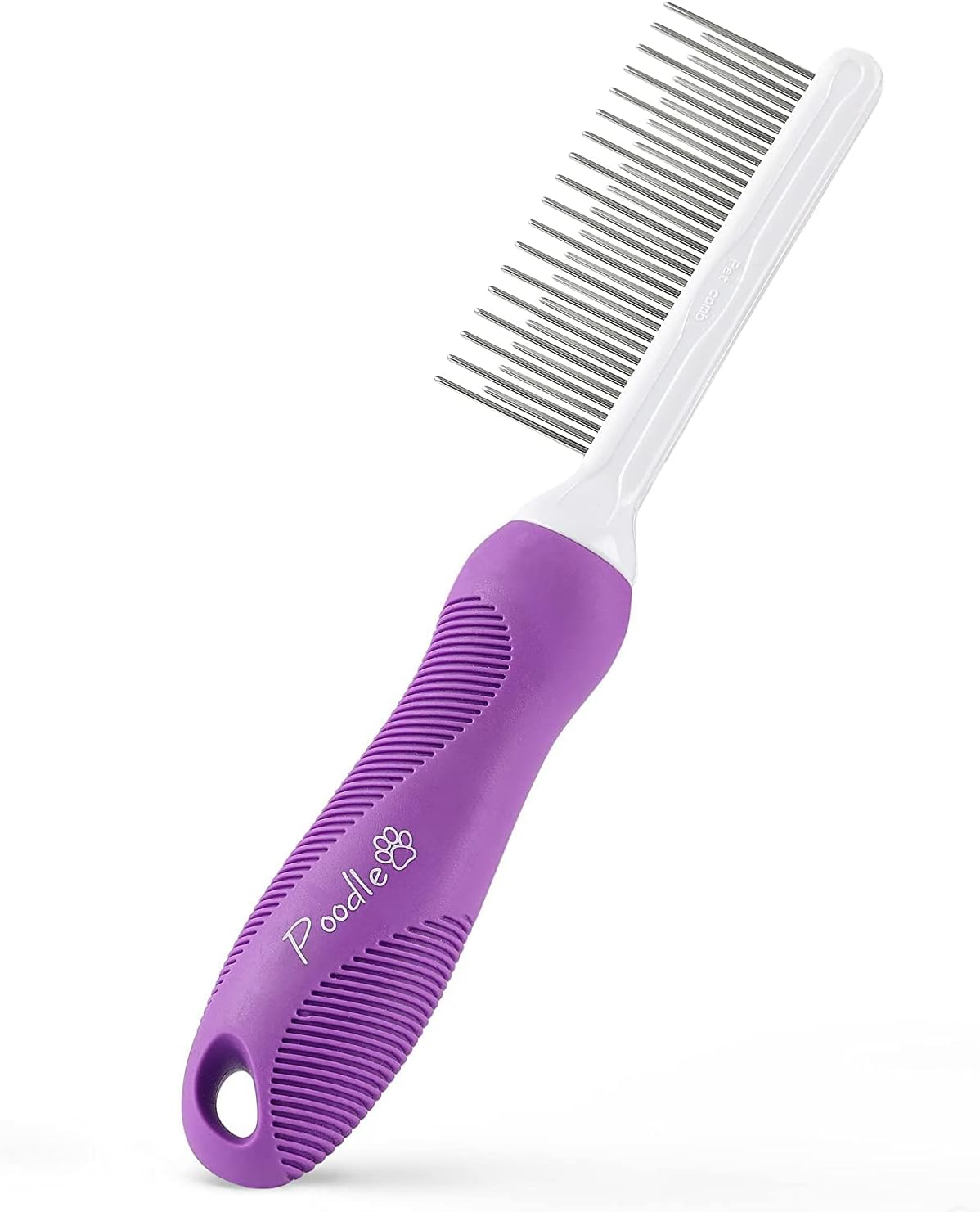 Ergonomic favored  grooming comb with a rubber grip  and metallic  teeth, suitable for detangling fur