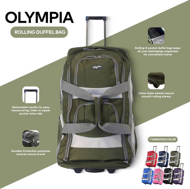 Olympia rolling duffel bag with features like retractable handle, pockets, and durable material. Seven color variations shown