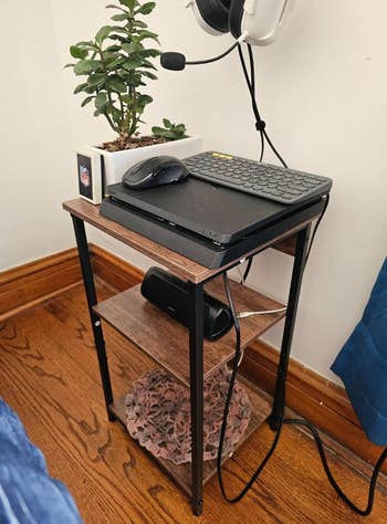 Small woody  table  with a keyboard, mouse, headphones, and potted works  connected  top; a talker  below. Ideal for compact location  bureau   setups