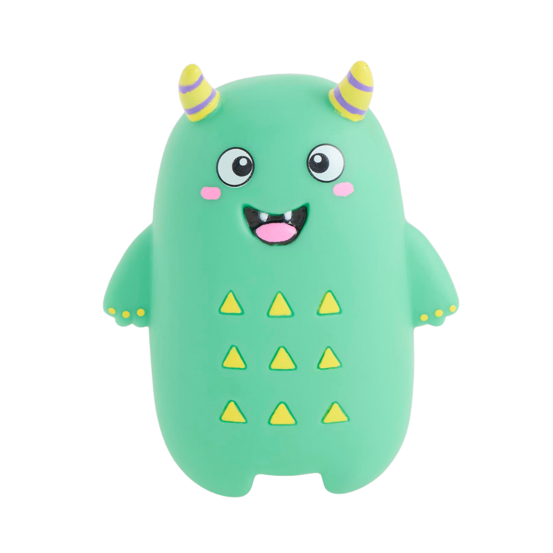 green monster chew toy with yellow accents