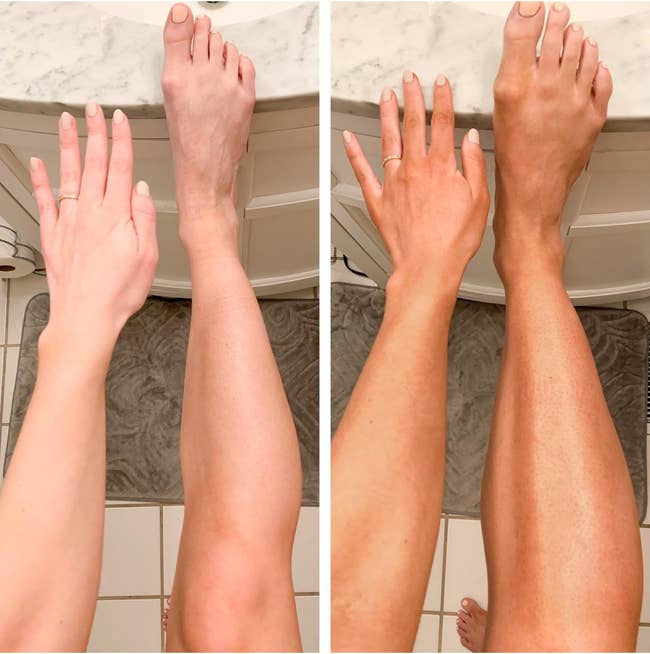 before and after images of a reviewer's pale skin becoming darker