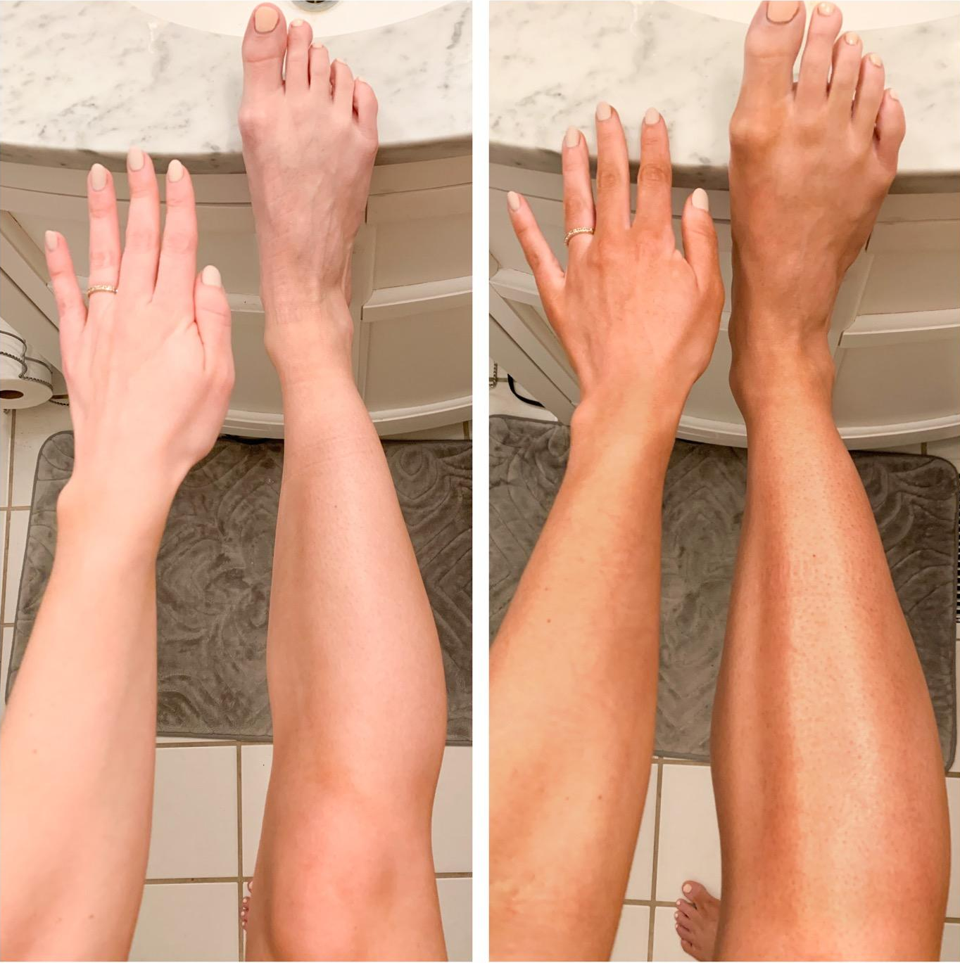 before and after images of a reviewer's pale skin becoming darker