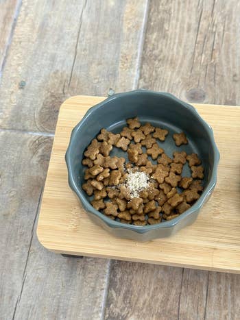 Dog food in a bowl on a wooden surface, with a sprinkle of powder on top