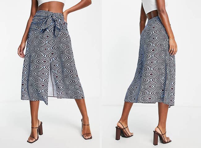 Two images of model wearing blue midi skirt
