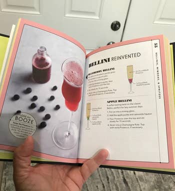 The book open to a recipe page for bellinis 