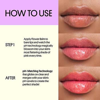 A guide to using the lip balm with an image of a model's lips gradually getting a more noticeable pinkish hue