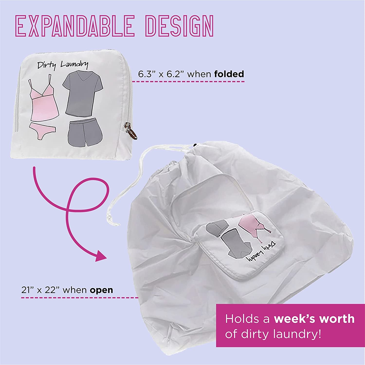 The white laundry bag zipped and then expanded to 21 by 22 inches