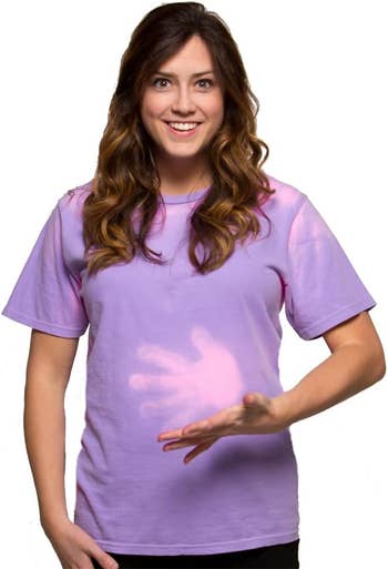 Smiling exemplary  successful  a heat-reactive T-shirt displaying a handprint change