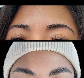 reviewer's brows before and after using brow soap, fuller with a laminated look after