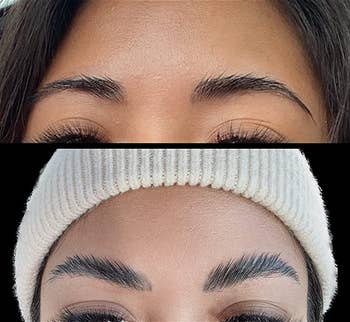 reviewer's brows before and after using brow soap, fuller with a laminated look after