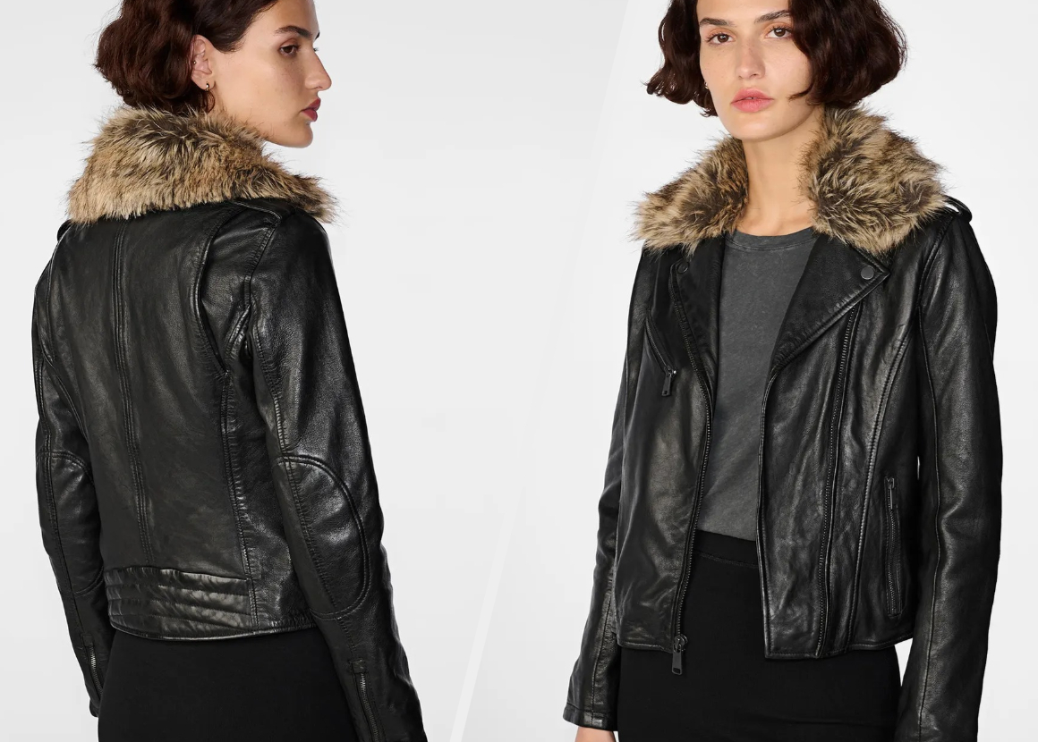 Two images of model wearing black jacket