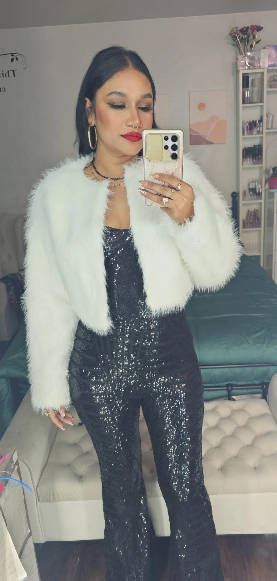 reviewer wearing the achromatic  jacket