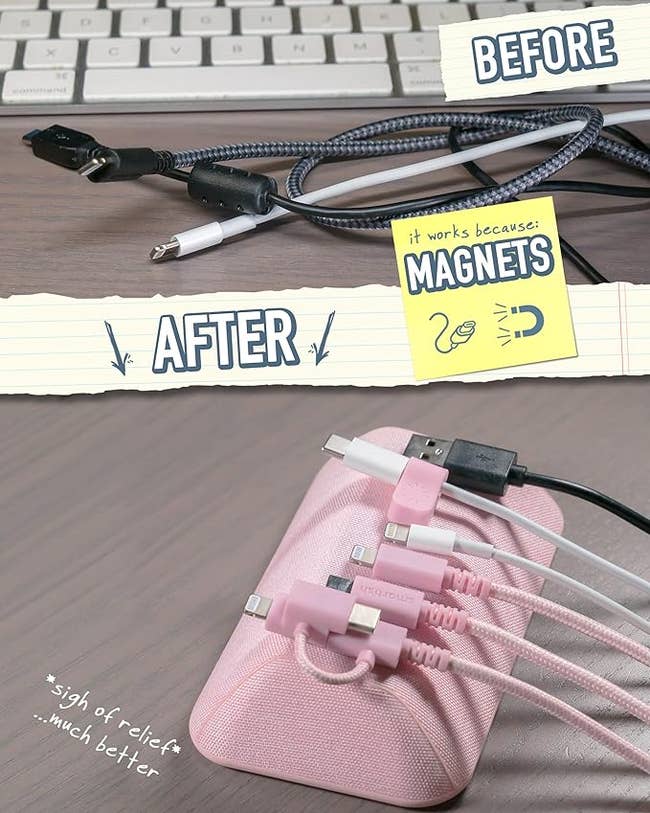 A cable organizer with magnetic features, showing cluttered cables 'Before' and organized 'After'
