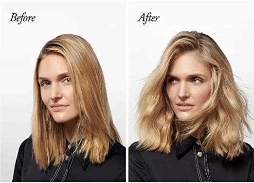 A model with straight, flat hair/The same model now with textured, wavy, and fuller-looking hair