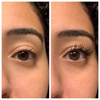 on the left a before photo of a reviewer's bare lashes and on the right an after photo of the same reviewer's lashes looking long and thick after applying mascara