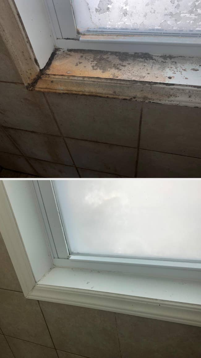 Before and aft cleaning photos of a model sill, showing removal of ungraded and mold for a spotless shine