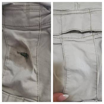 reviewer before and after picture showing how it removed a stain from a pair of cargo shorts