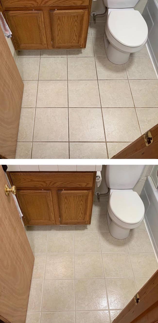 Bathroom level showing earlier and aft cleaning; tiles look noticeably shinier successful the 2nd image
